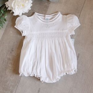 White Smocked Heirloom Bubble Romper Hand Embroidered Coming Home 1st Portraits